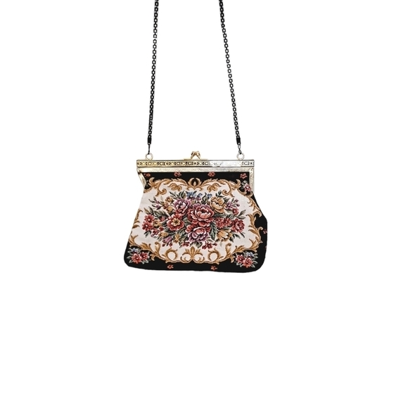 Vintage La Regale Tapestry Black Floral Purse with Silk Lining and Metal Chain - Picture 2 of 6